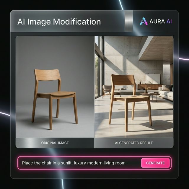 A product image changing backgrounds dynamically using a simple text prompt interface