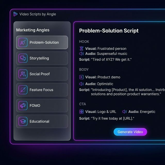 A digital video script breakdown showing hooks, scene descriptions, and camera directions